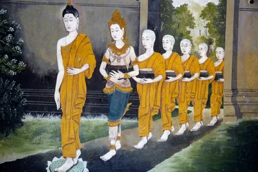 Fresque représentant une scène de la vie de Bouddha à Wat Phra Doi Suthep, Chiang Mai. Bouddha et moines en quête d